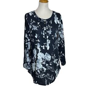 Soft Surroundings Womens Tunic Floral Blue Gray Lightweight Cotton Sz M